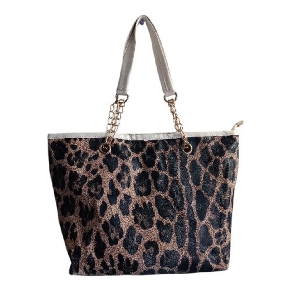 Leopard Print Tote Bag with Chain Handles - Brown
